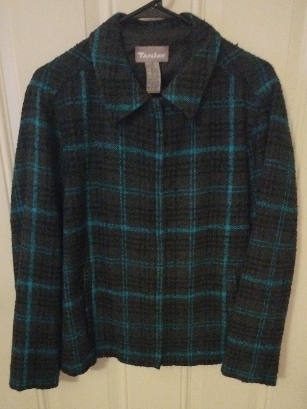 TanJay Black Jacket with Teal Plaid Windowpane Size 12 Jacket Full Zip Wool